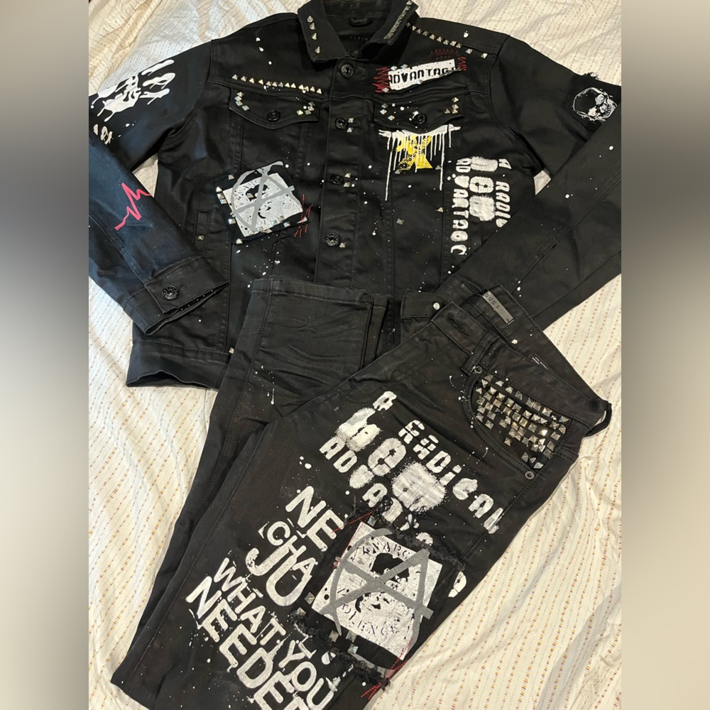 Kloud 9 Black Graphic Denim Jacket and Pants 2 Pairs Set